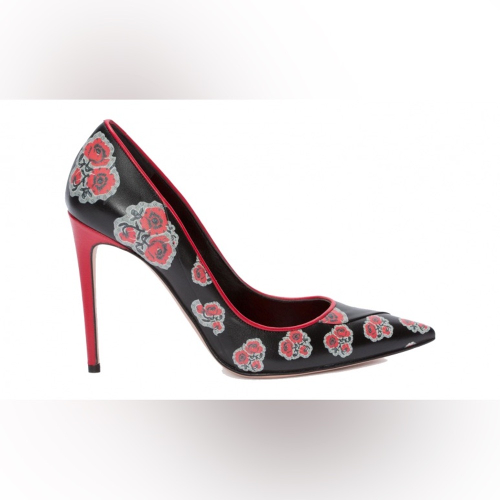 Alexander McQueen Leather Black and Red Floral Heels